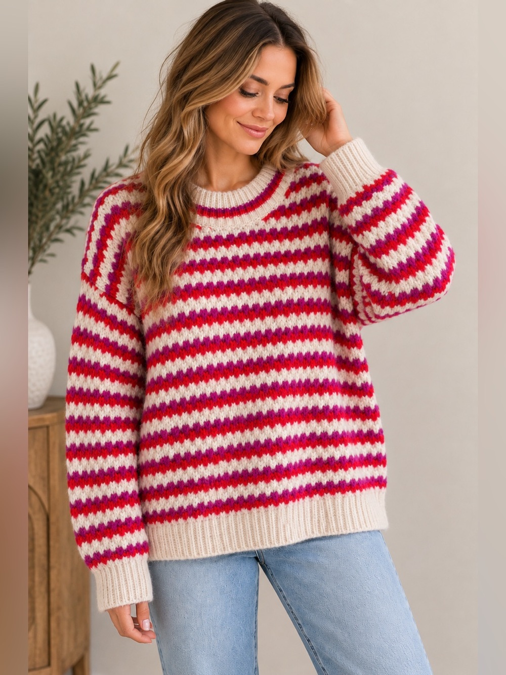 Rebecca Minkoff XXL Cream crew neck tunic Sweater with Pink Fuchsia Stripes